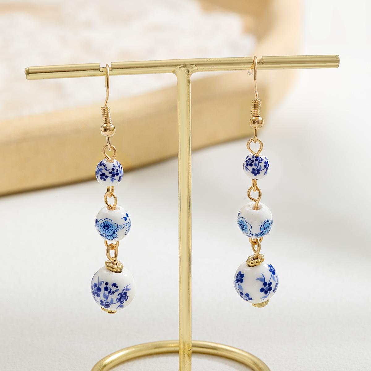 Blue White Porcelain Bead Earrings Round Chinese Style Retro for Women Han Fu Long Earring Pendant Niche Fashion Trend Accessory