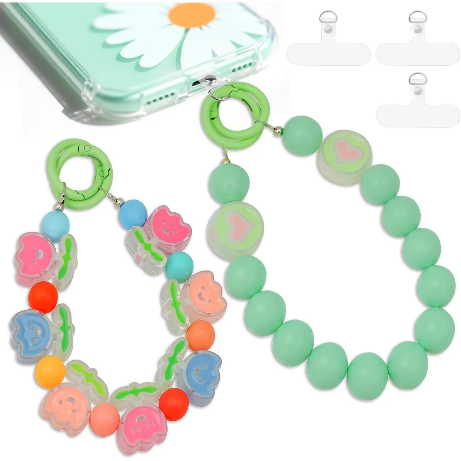 2 count Phone Charm Wrist Strap with Tether Tab, Double Anti Lost Cute Beaded Wrist Lanyard, Detachable Transparent Phone Charms for Bag, Key Chains, Camera Decor