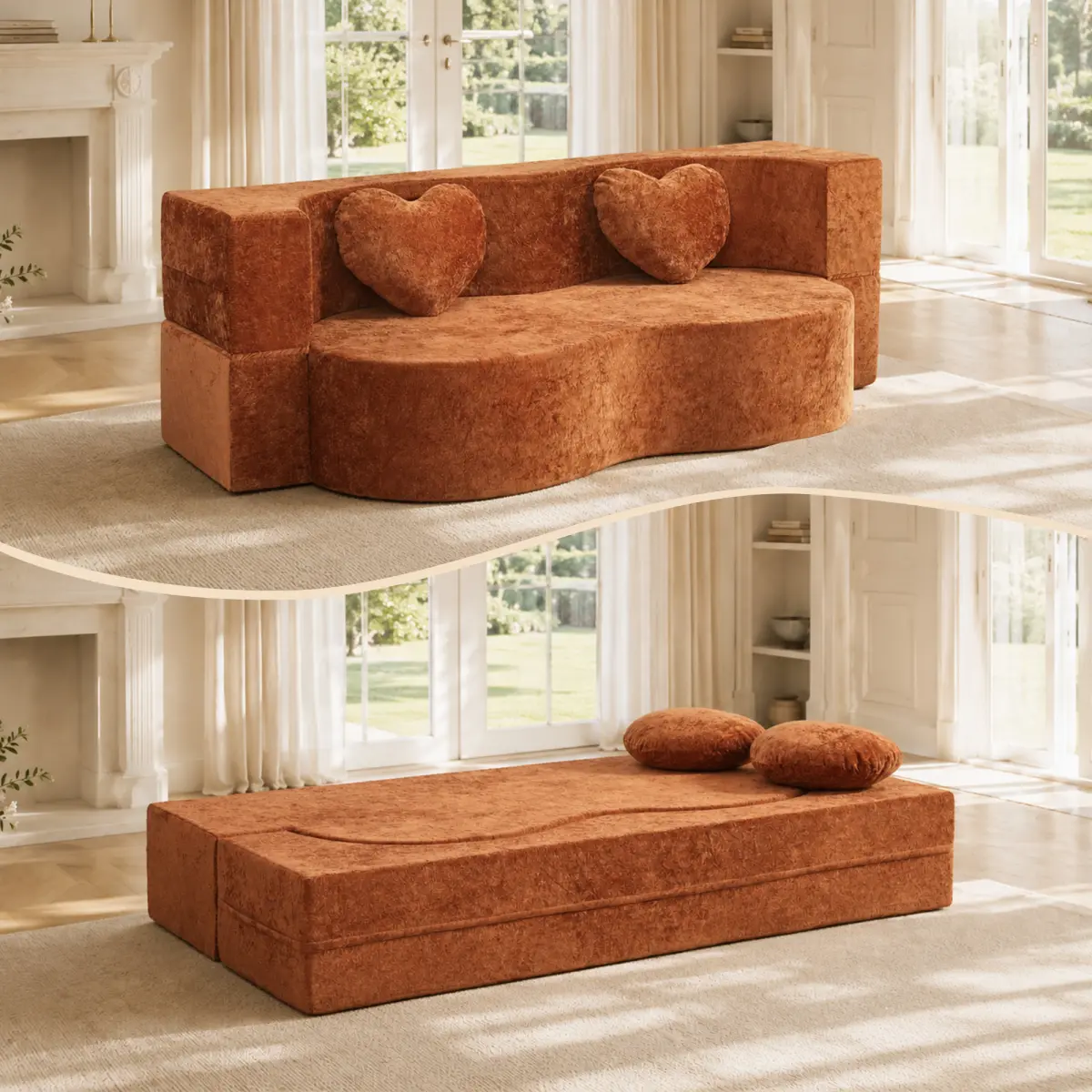 Aobtkel Playful Heart-Silhouette Convertible Sofa Bed, 78.7 inch High-Density Sponge No-Assembly Sofa-in-a-Box with Pillows, Easy Setup Furniture for Living Room, Dorms (Caramel Brown) – Allow Up to 72 Hours for Shape Recovery