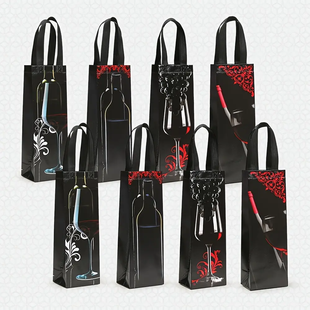 4/8 Pack Black Laminated Non-woven Wine Gift Bags 4 Assorted Wine Glass Grape Bottle Print Reusable Single Bottle Tote Bags For Christmas Wedding Birthday Anniversary Holiday Party Favors Business Wine Gift Packaging Home Storage