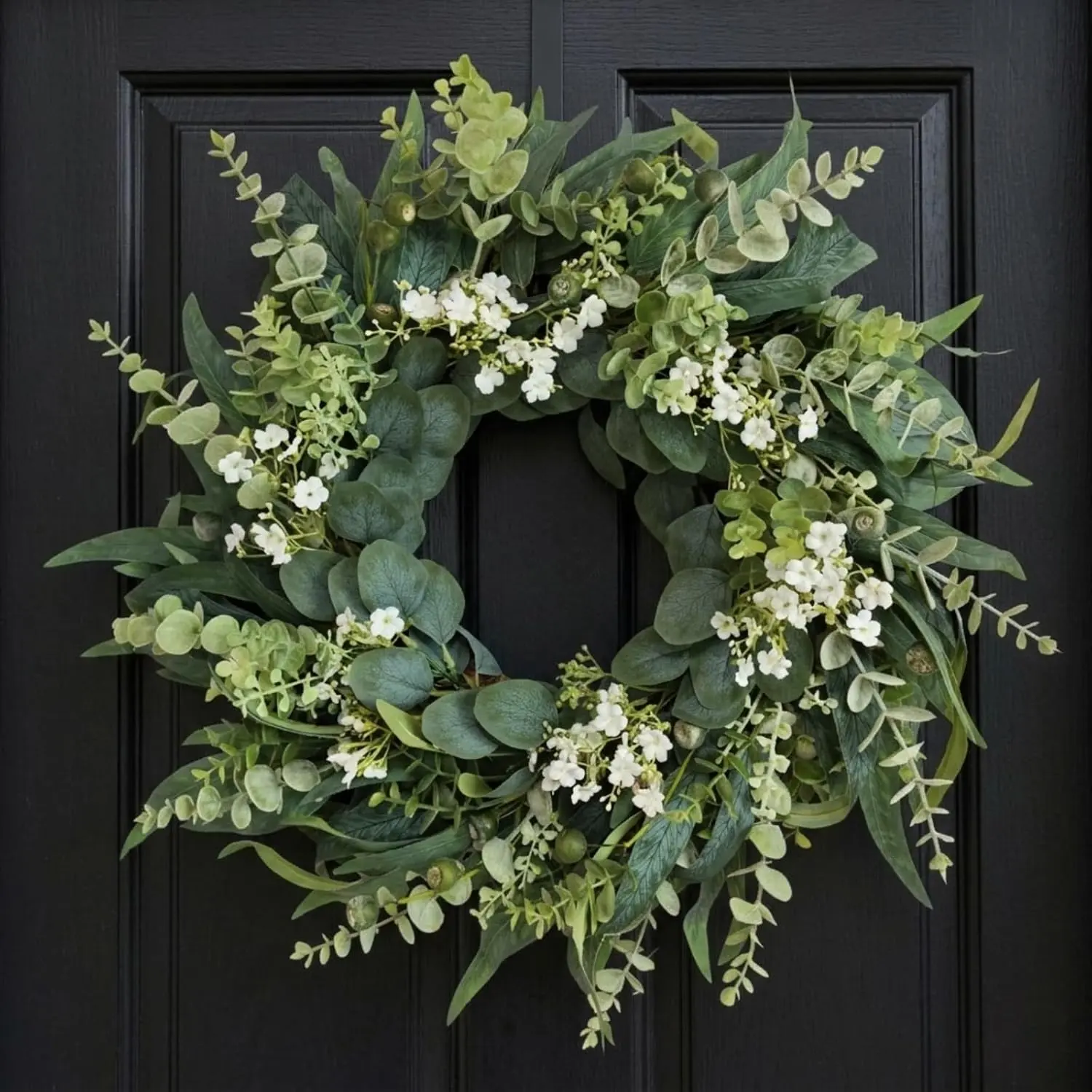 26" Eucalyptus Wreath for Front Door, Full Greenery Wreath with Baby’s Breath, Farmhouse Door Wreath, Year Round Spring Summer Wreath, Indoor Outdoor Home Decor