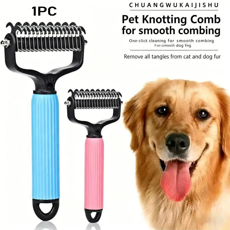 Pet Detangling Comb, Double-Sided Grooming Brush Poodle Brush for Dogs & Cats, One-Click Clean Undercoat Rake Deshedding Tool for Shedding Mats