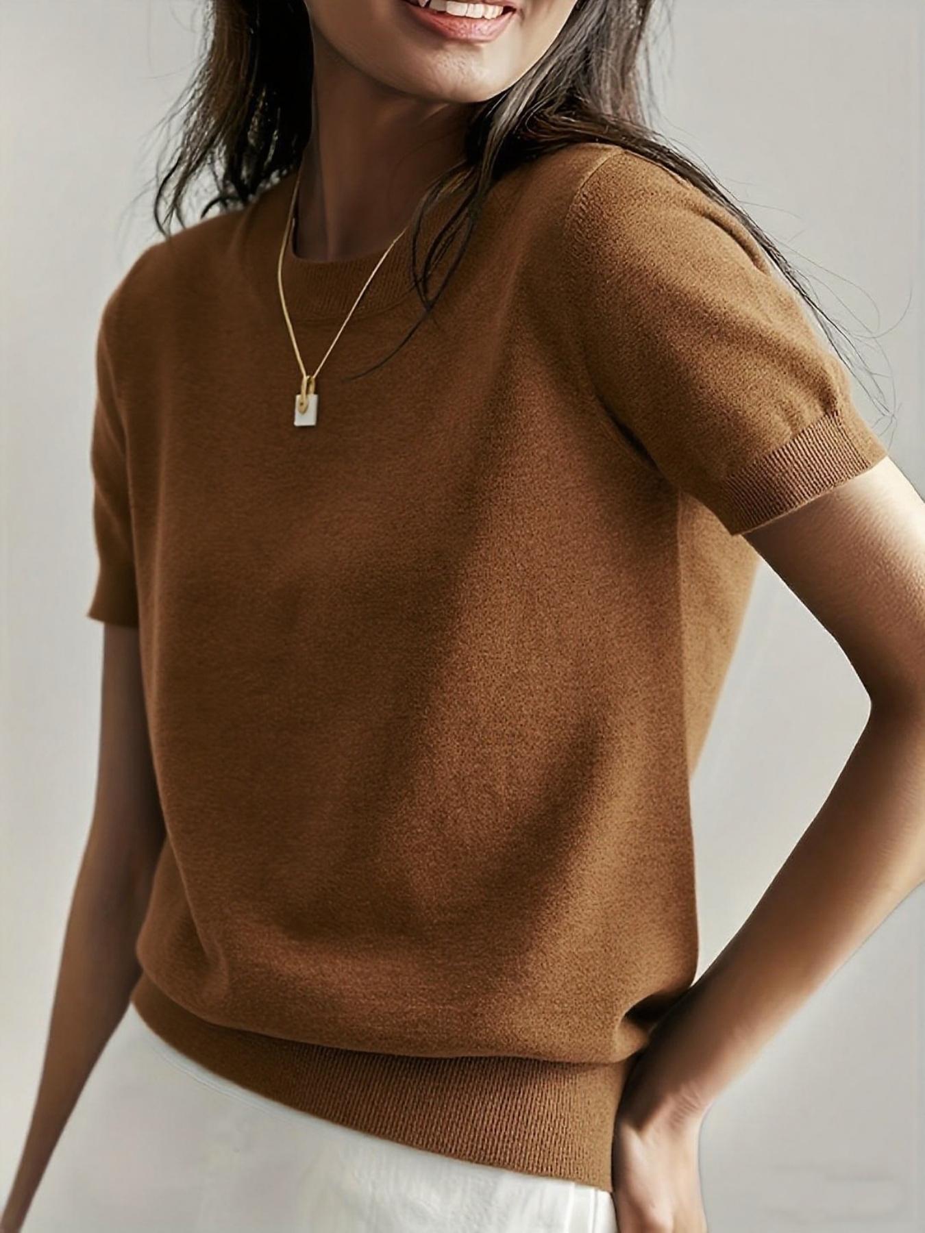 Women's Solid Color Crew Neck Short Sleeve Sweater, Casual Basic Knit Pullover for Spring & Fall, Fashion Women's Knitwear for Daily Wear, Womenswear