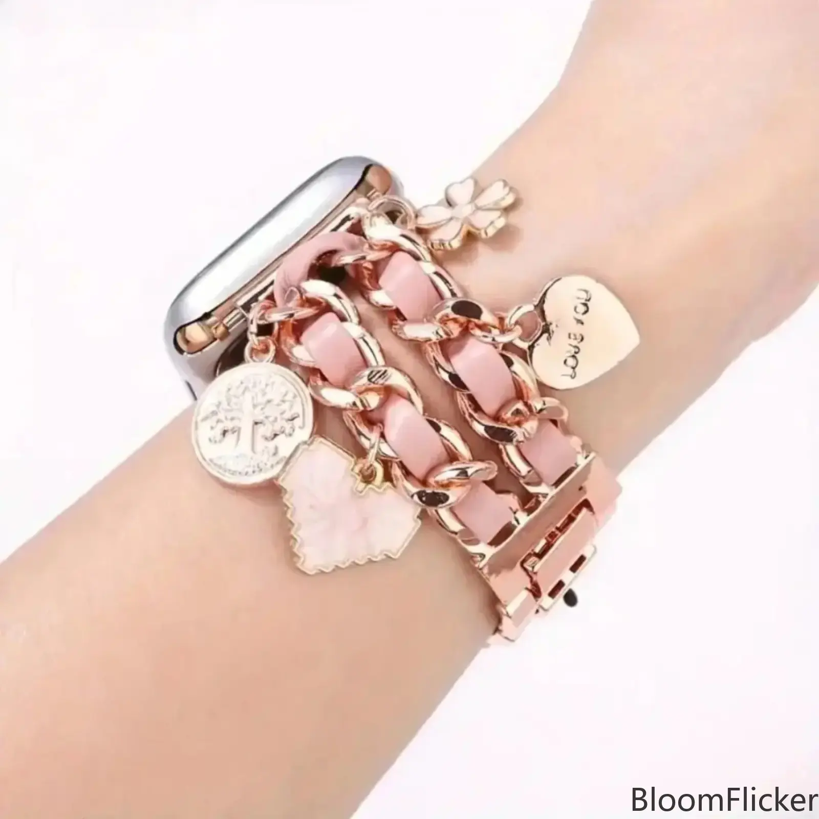 Women’s double‑row alloy‑leather hybrid smart‑watch chain strap, sleek trendy wrist accessory. Fits all 38‑49‑mm sizes for standard series and Ultra‑style watches. Versatile replacement band for everyday casual and spring‑season outfits