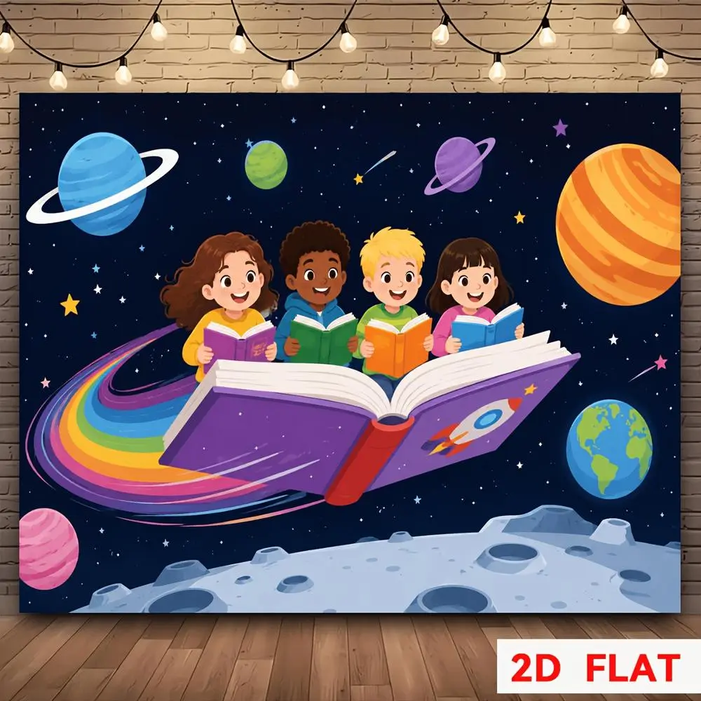 2D Flat HD-Printed Polyester Photo Backdrop, Outer Space Reading Theme Soft Lightweight Foldable Background Cloth for Portrait Photography, Video Studio Shooting