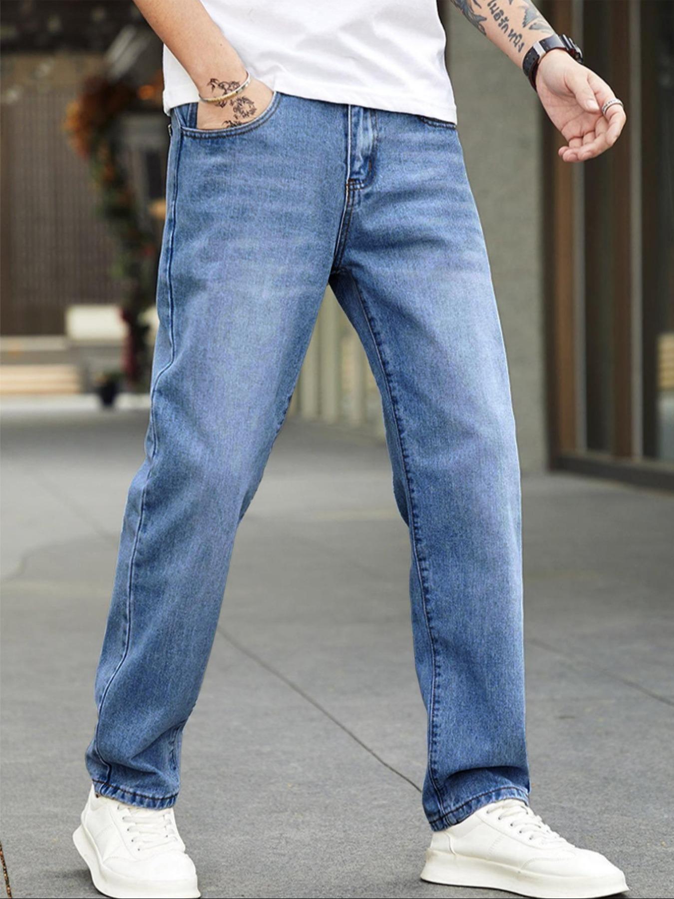 Men's Solid Color Wash Denim Jeans, Casual Comfy Straight Leg Jeans for Daily Wear, Woven Bottoms for All Seasons