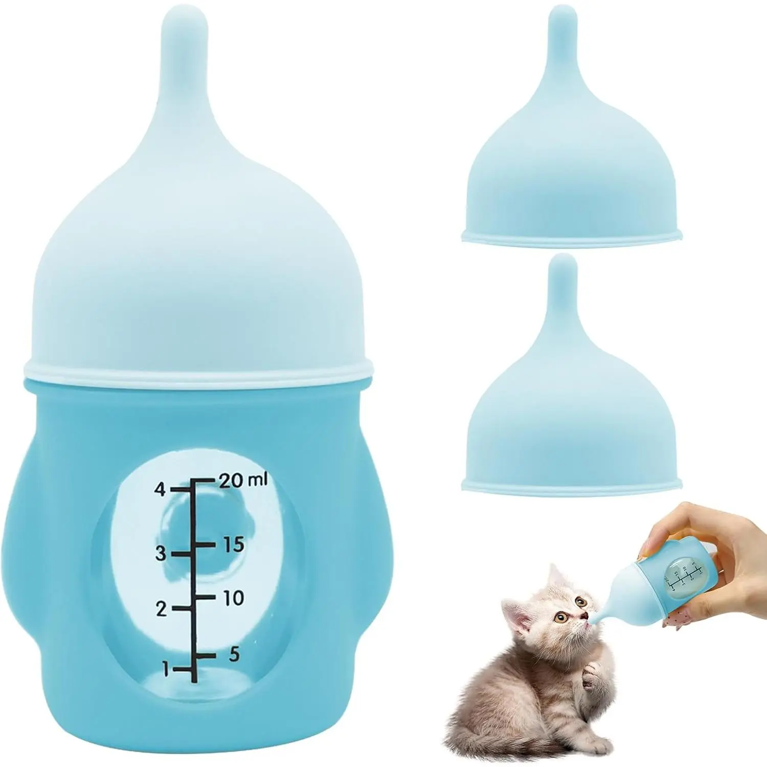 Anti-Choking Pet Nursing Feeder Bottle for Newborn Kittens Puppies Small Animals with 2 Pcs Replacement Nipple Blue 20 ml