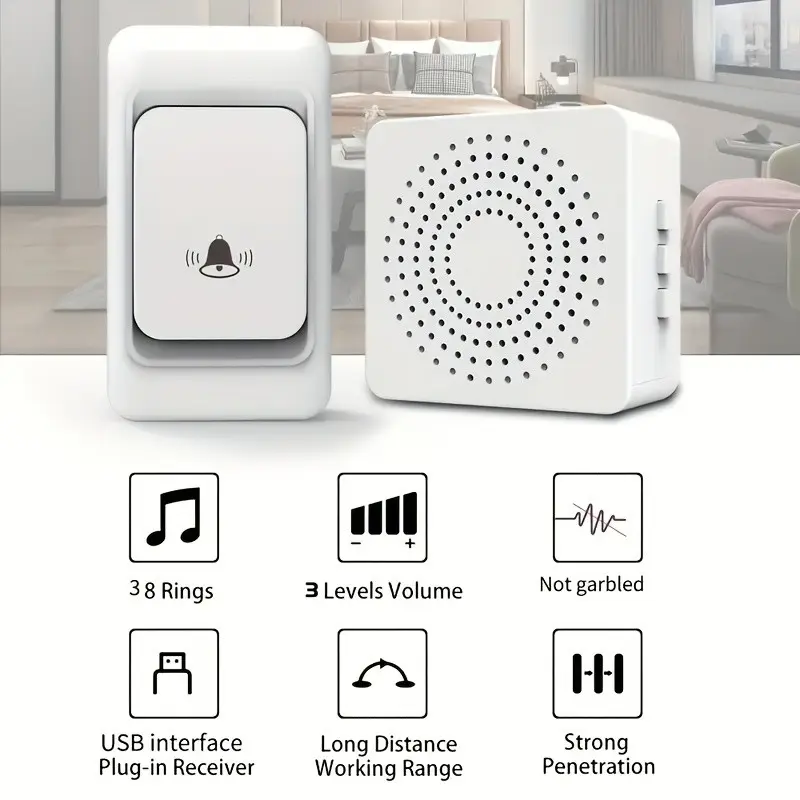 1 Set USB Wireless Doorbell, Minimalist White Self-Powered Door Chime, No Drill No Wiring Long Range Through Wall Entry Alert for Home Apartment Villa Shop