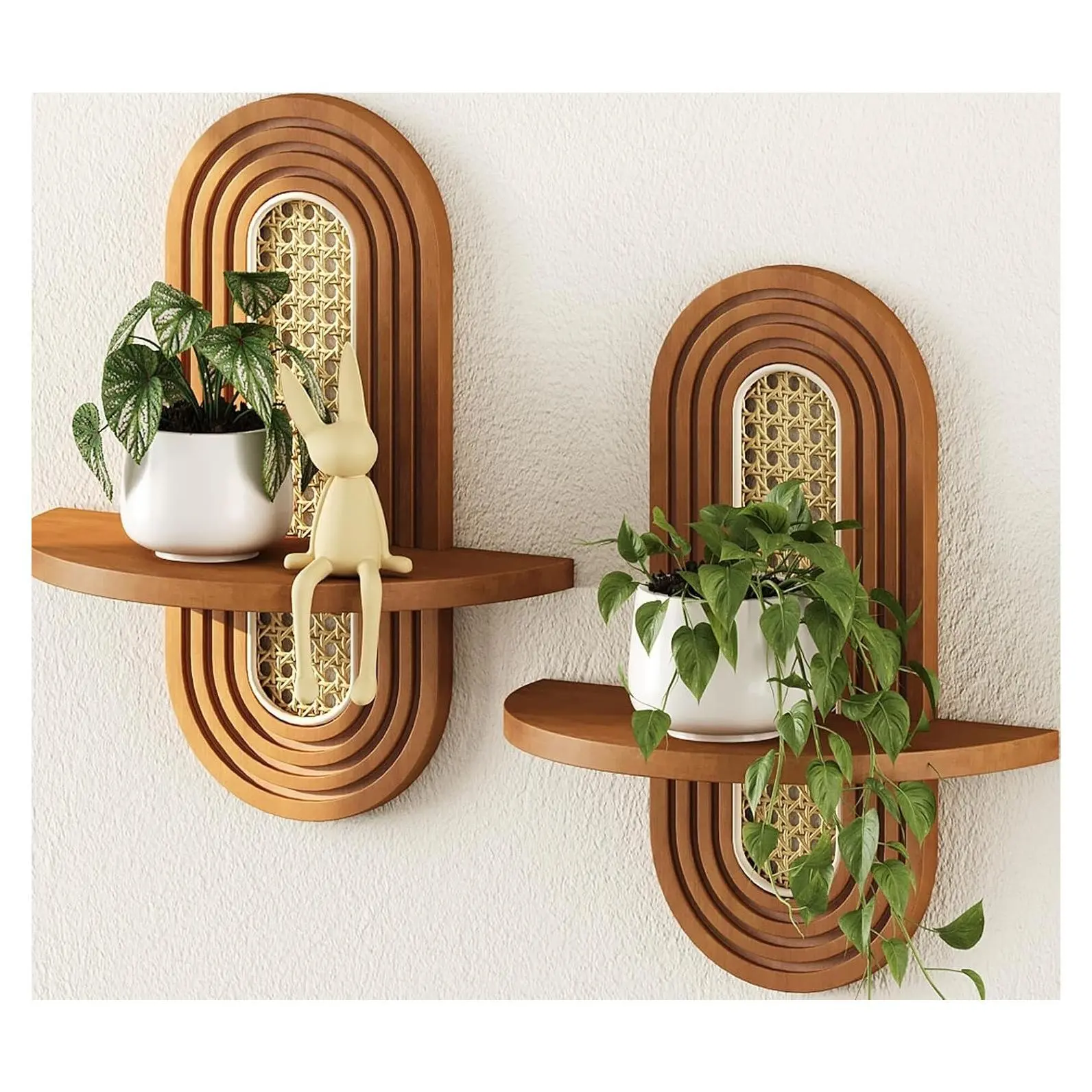 Set of 2 Boho Rattan Floating Shelves for Wall, Mid Century Natural Wood Small Decorative Plant Shelves for Living Room, Bedroom, House, Office, WalnutGift