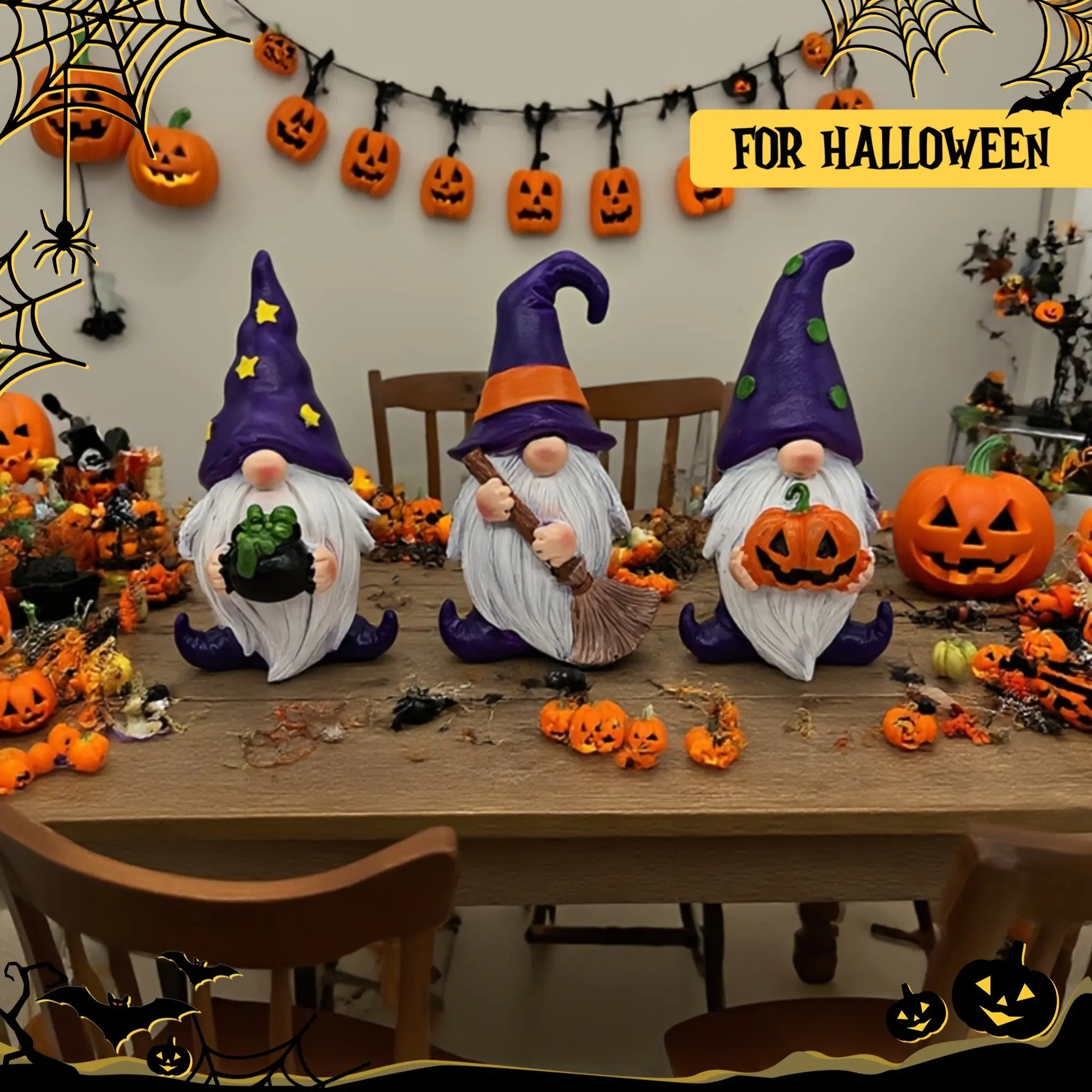 3-Piece Halloween Decor Set, Tree Elf Pumpkin Broom Statue for Desktop or Shelf, Perfect Gift Idea for Christmas and Thanksgiving