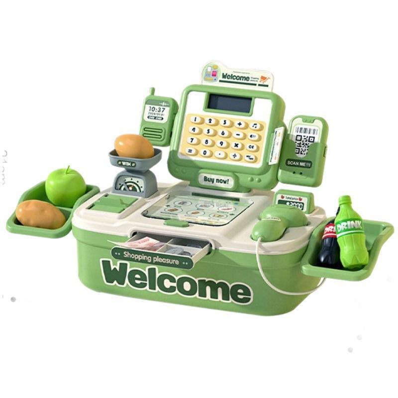 Simulation Cash Register Toy, Supermarket Cash Register Toy with Scanner & Coin & Bank Card & Food, Pretend Play Toy for Kids