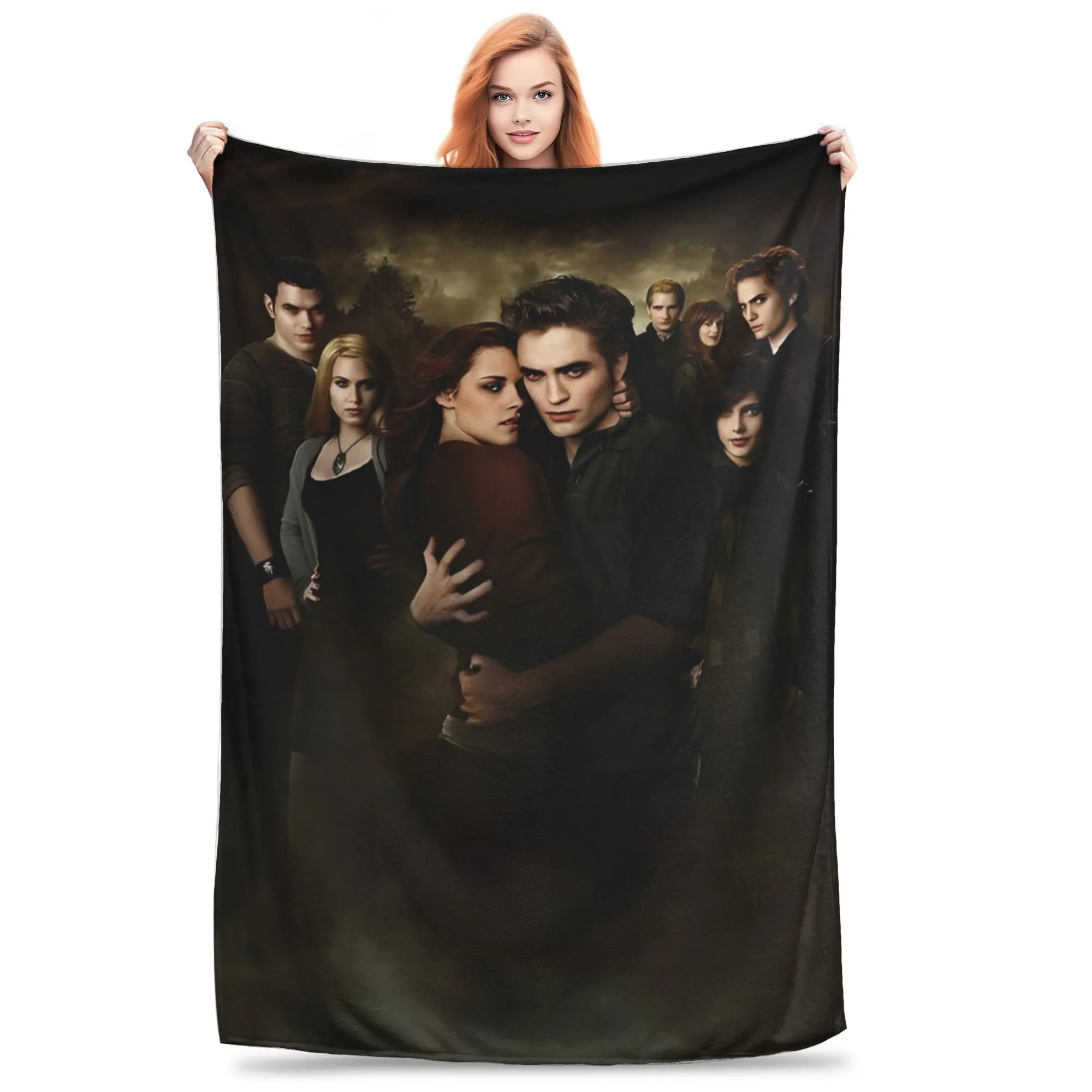 Twilight Movie Bella Edward Cullen Family Poster Throw Blanket Suitable for Sofa & Bed - Twilight Themed Soft Flannel Bedspread with One-Side Anime Print, Twilight Characters, Machine Washable - Couch Throw for & Room Decor