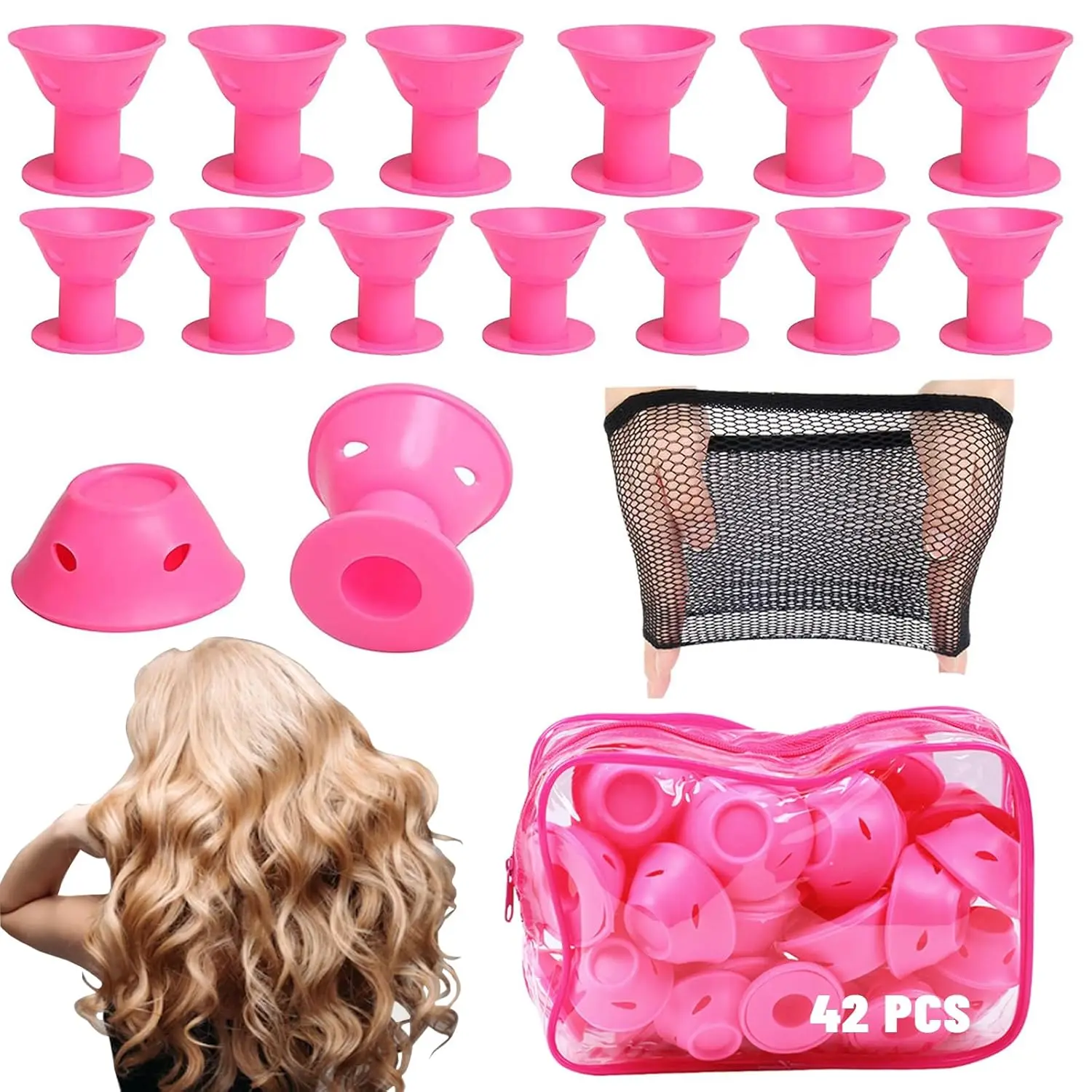 42PCS Heatless Hair Curlers Including 21PCS Large and 21PCS Small Hair Rollers  Short Long No Heat Curlers Sleep Soft Silicone Hair Rollers With Net and Storage Bag (Pink)