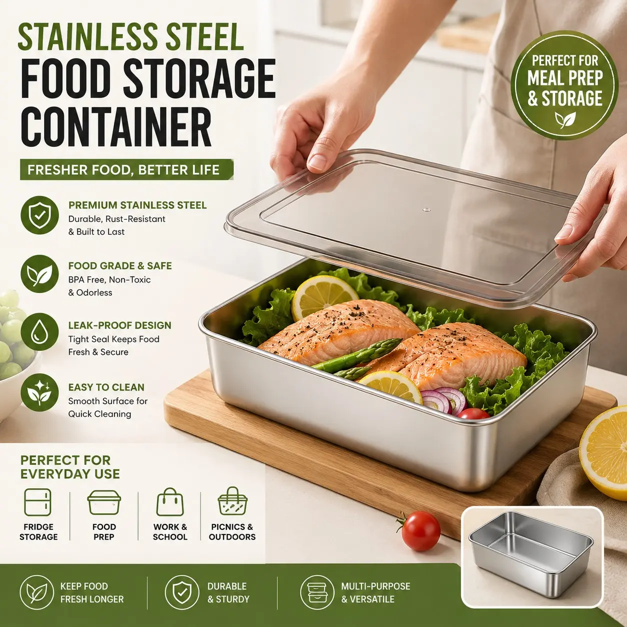 3pc Durable Stainless Steel Food Storage Containers Set, Stackable with Lids, Airtight Leakproof, Microwave & Fridge Safe, Shatterproof, Kitchen Organizer
