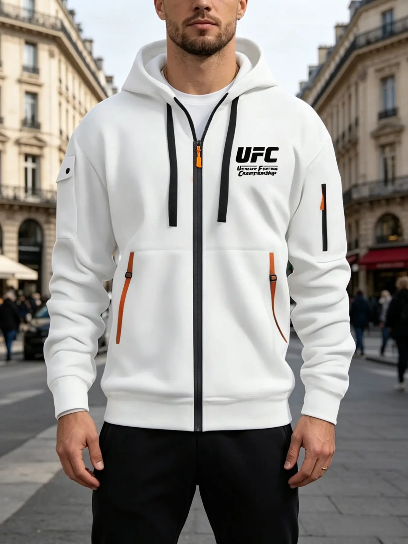 Men's Ufc Print Hoodie with Drawstring, Full Zipper, Pocket, Casual Streetwear Sweatshirt, Casual Fall & Spring Sweatshirt, Comfortable Daily & Outdoor Wear