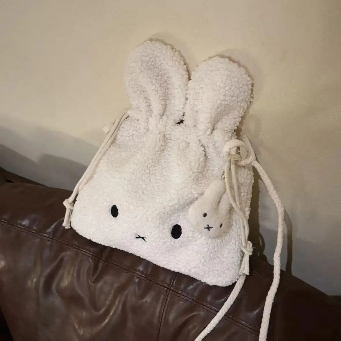 Kawaii Miffy Bunny Plush Crossbody Bag Adjustable Phone Purse with Drawstring Closure Cute Soft Fluffy Shoulder Bag for Women