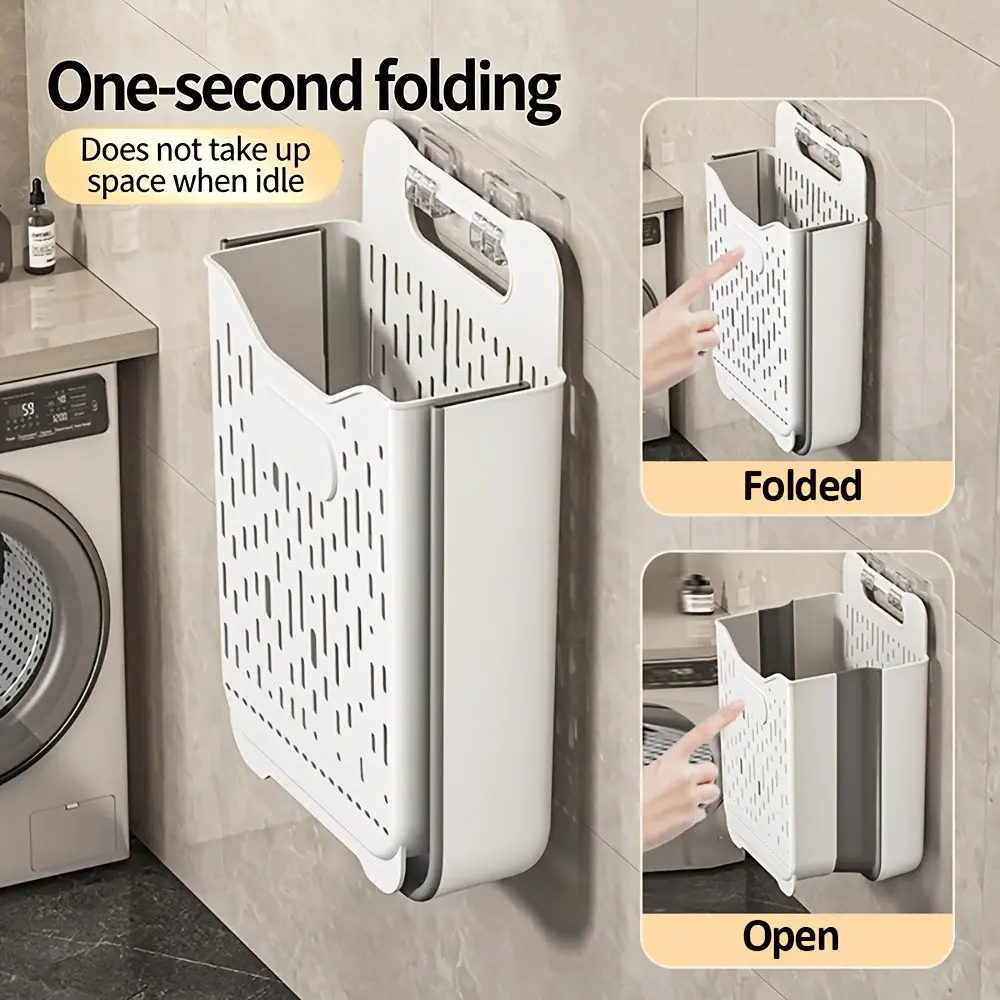 Foldable Wall-Mounted Storage Basket, Space-Saving, No-Drill Adhesive, Large Capacity, Ideal for Bathroom, Bedroom, Small Homes, Renters