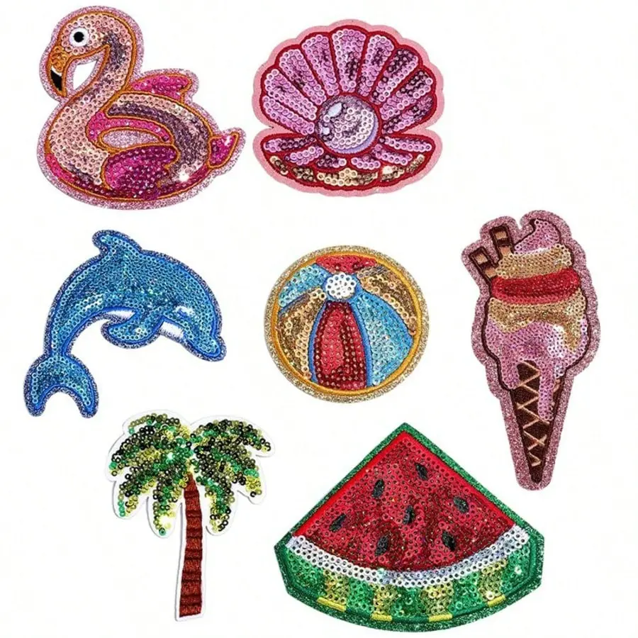 7 Counts 7PCS Summer Beach Vibes Iron On Sequin Patches Embroidered Shell Applique Sew On DIY Fashion Accessories Celebration Decoration Patches for Repairing Clothes Bags Jackets Backpacks