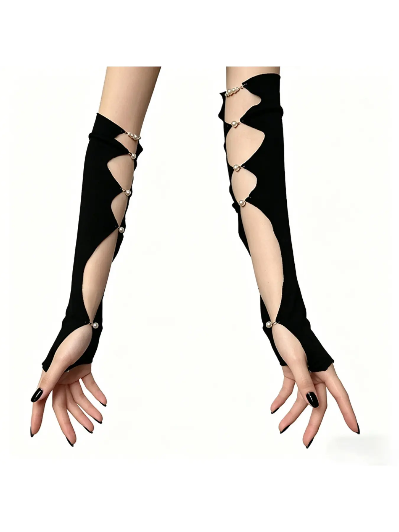 Hollow-out Sexy Arm Sleeves with Pearls for Subculture, Niche Y2K & Dark Gothic Thin Gloves