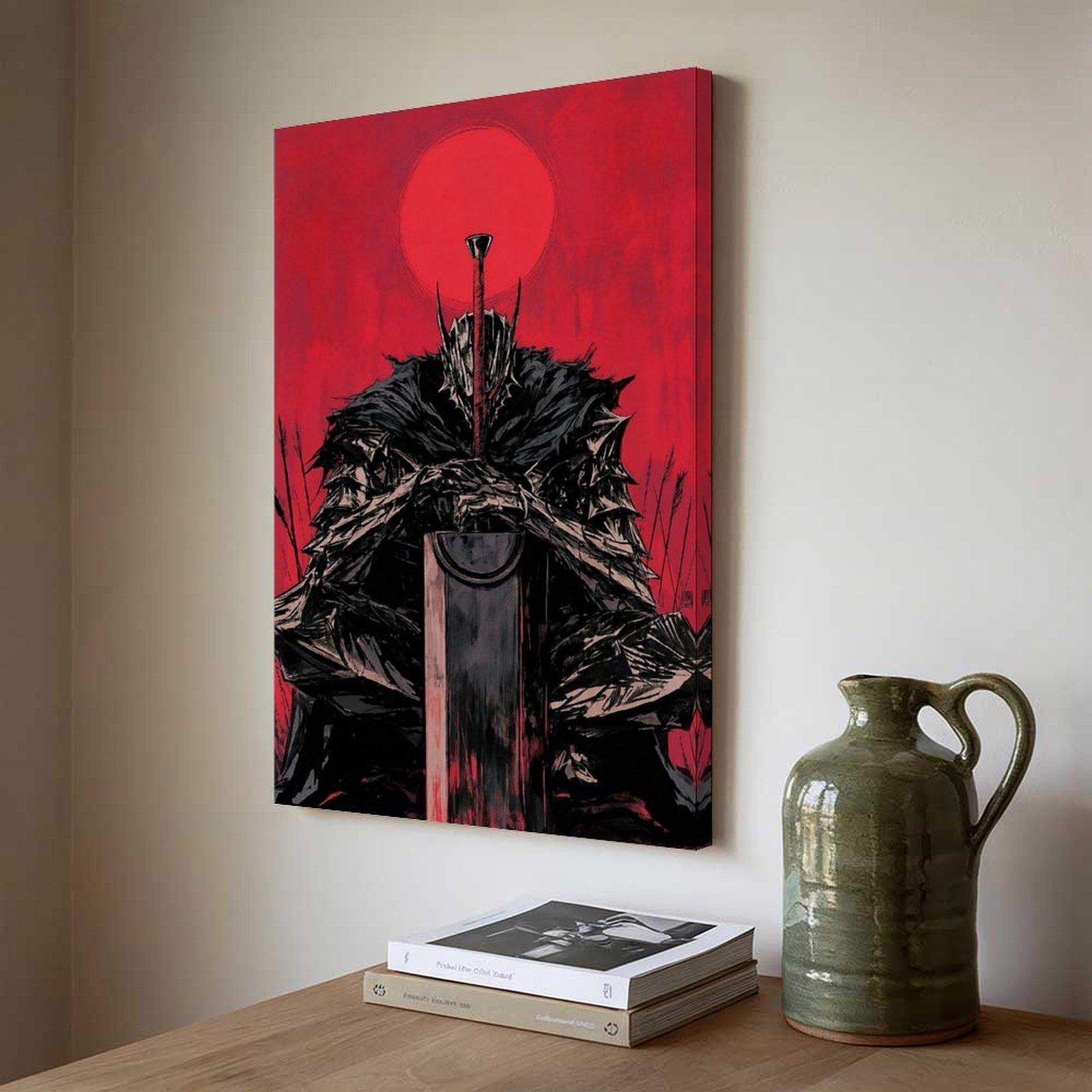 Berserk Guts Inspired  Canvas Painting - Japanese Dark Fantasy Manga Panel Print, Heavy Metal Warrior Armor Design Artwork, Artistic House Home Office Wall Hanging Decor Poster