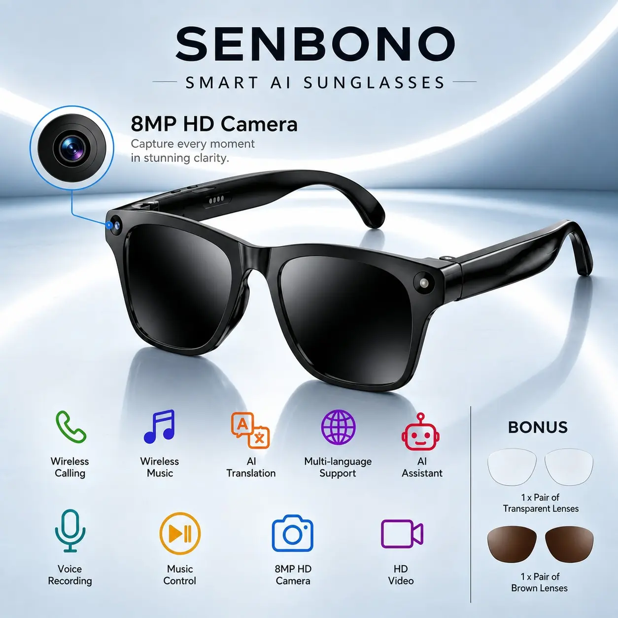 AI smart glasses with camera, 8MP high-definition video and photo capture, real-time translation, recording glasses with voice assistant, ear opening audio, sunglasses, travel, suitable for both men and women, birthday gift, Stylish Smart Glasses