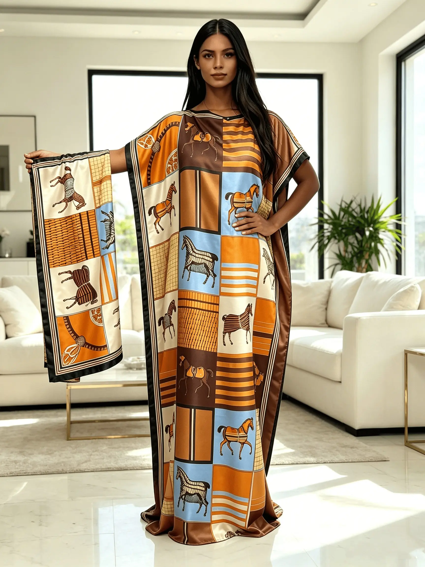 Women's Earth Tone Equestrian Horse Patchwork Maxi Kaftan Dress with Matching Scarf 2 Piece Set, Silky Satin Loose Batwing Beach Cover Up, Plus Size Loungewear Nightgown Pajama for Resort Pool Home Sleepwear