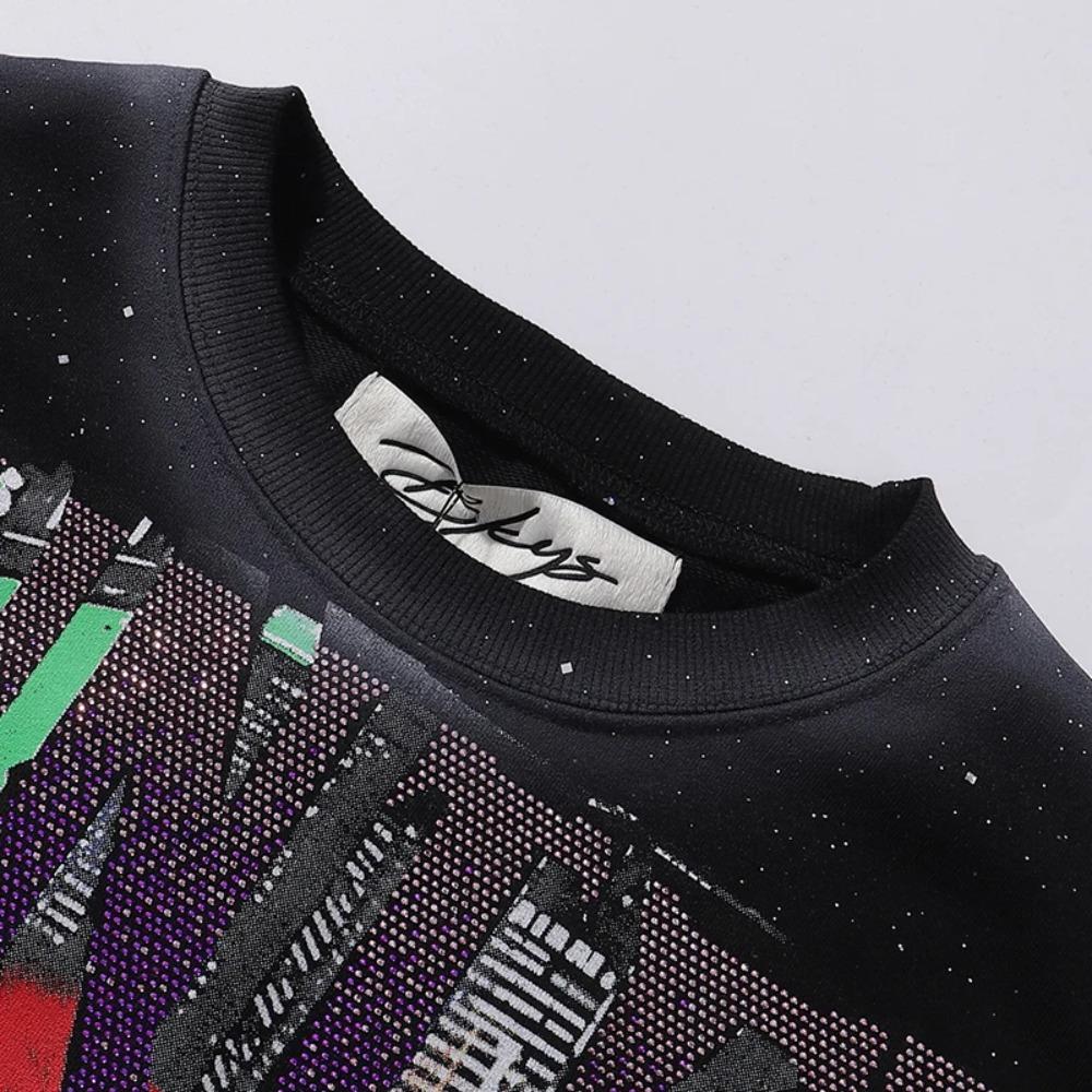 Retro Y2K BKYS Hip Hop Streetwear T-Shirt, Vintage Washed Heavyweight Bling Rhinestone Glitter Print, Loose Casual Unisex Cotton Short Sleeve Tee