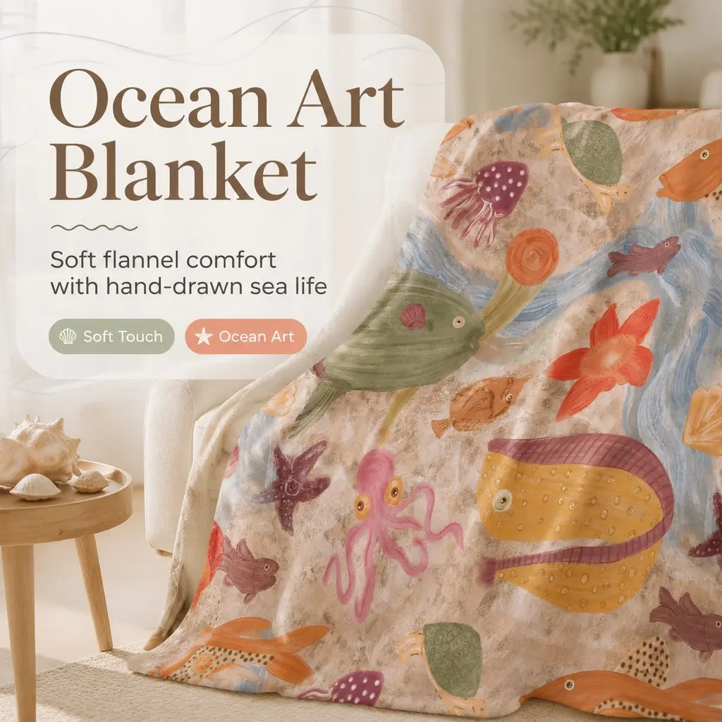 1 Ocean Hand-Drawn Style Flannel Blanket, Soft and Skin-Friendly, Keeps You Warm, Suitable for Children's Bedrooms, Sofas, Nap Time, and Office Use