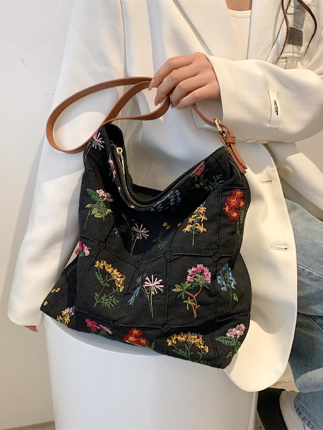 Women's Floral Pattern Embroidered Tote Bag, Fashionable Summer 2024 Large Capacity Shoulder Bag for Teen Girls, Women, Casual Tote Bag