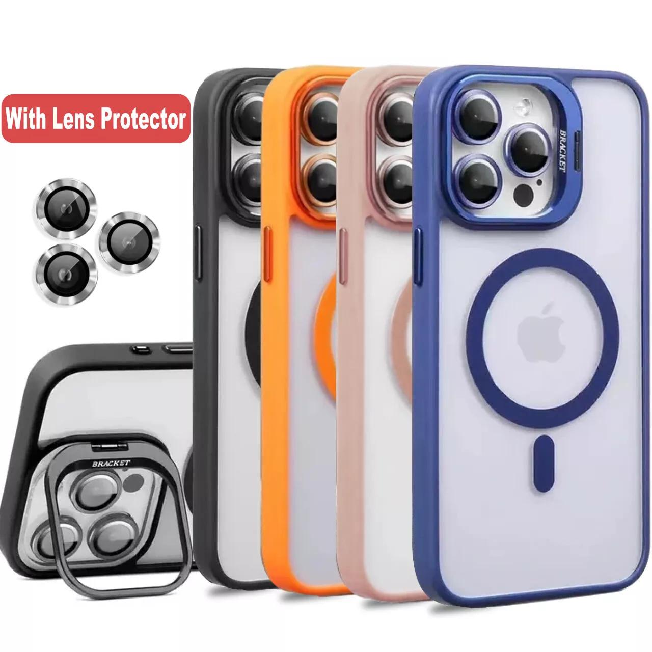 OREKROY Magnetic Mag Safe Clear Case +Camera Lens Protector Film Acrylic Hard Back Cover For iPhone 16 Pro Max,15 14 13 12 Pro Max Plus Camera Ring Kickstand Shockproof