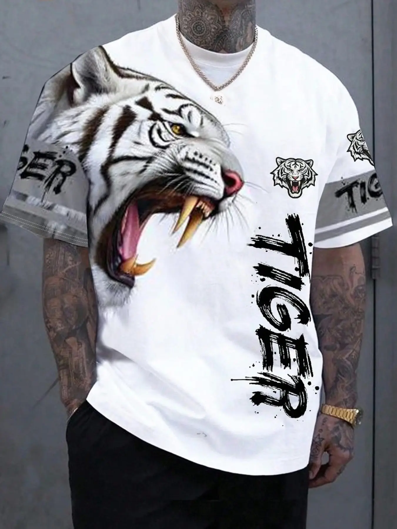 Men's Base Tiger Head Print T-Shirt, Casual Loose-Fit Long Sleeve Top, Streetwear Style, All-Season Wear, Random Pattern Design