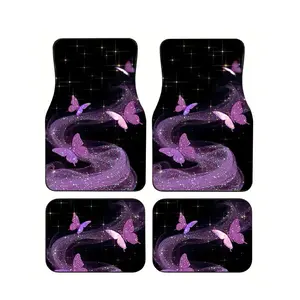 4pcs Starry Purple Butterfly Dreamy Style Car Foot Mats, Universal Car Interior Floor Mats, Durable Fiber, Suitable for Various Sedan And SUV Models, Car Interior Decoration Mats, Wear And Slip Resistant, Automotive Floor Mats