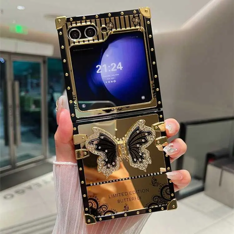 For Samsung Galaxy Z Flip7 Phone Case Electroplated Mirror Rhinestone Butterfly Stand Full Coverage Foldable Screen Protective Cover DLH260813E01