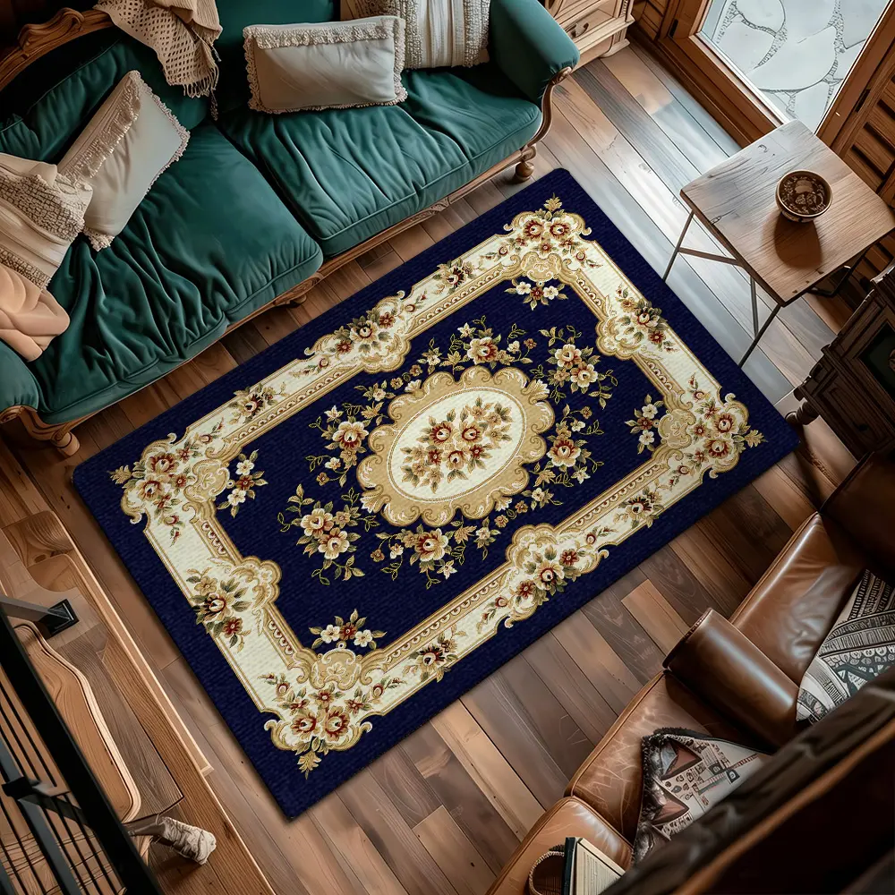 Navy Blue Base Oval Rose Vintage European Flannel Living Room Rug #NavyVintageEuropeanFloralRug #OvalCenterRoseMat #FlannelCarpet #RetroLuxuryFarmhouseHomeDecor