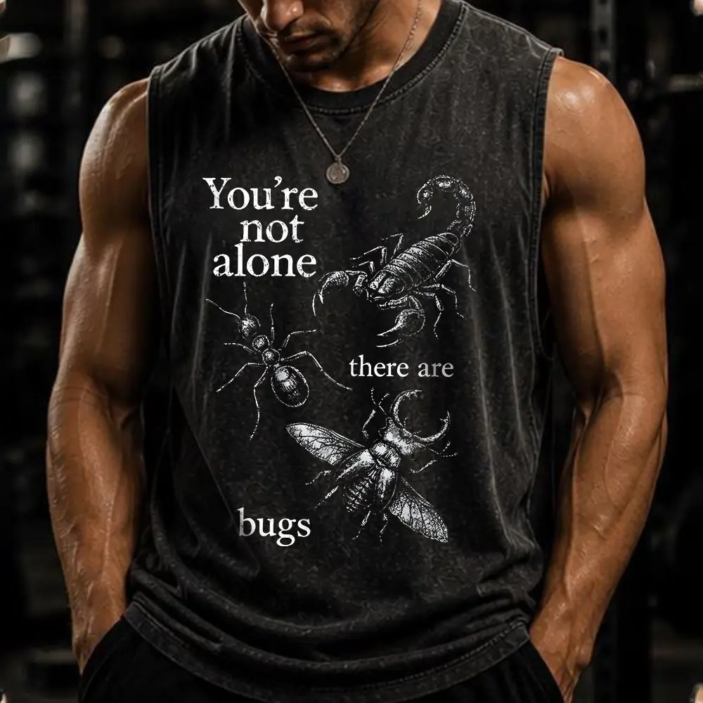 Men's Vintage Washed Sleeveless Crew Neck Tank Top - 100% Cotton Distressed Fabric, Loose Fit, Gothic Insect Print, Breathable Soft Cargo Clothes for Grunge Streetwear, Retro, Cold Wash Friendly