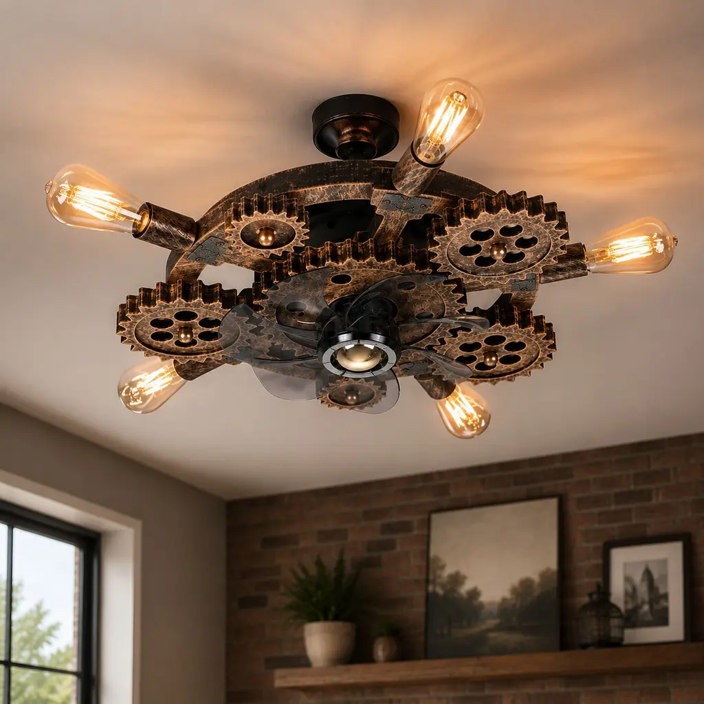 ARCH Furniture 20-Inch Industrial Rustic Farmhouse Iron Cage Ceiling Fan with Light, 7 Blades, Reversible DC Motor, Remote Control, 6 Speeds, Timer, for Indoor Dining Room, Living Room (Bulbs Not Included), Home Decor, Bedroom