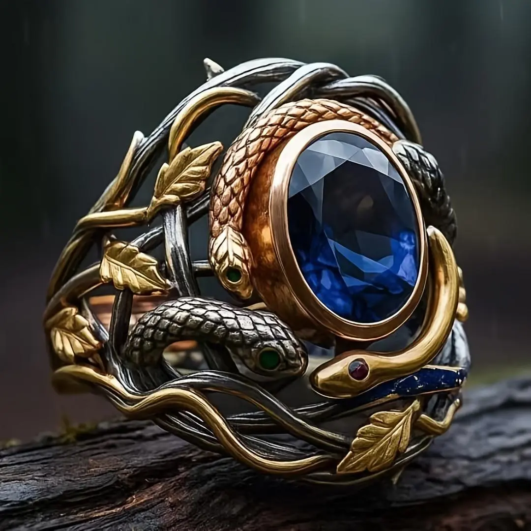 Fashion And Creative Medusa Snake Head Ring - Punk Exaggerated Design, Retro Style Ring, Both Men And Women Can Wear, Copper Inlaid with Large Blue Imitation Zirconia, Holiday Gift, Gem Ring