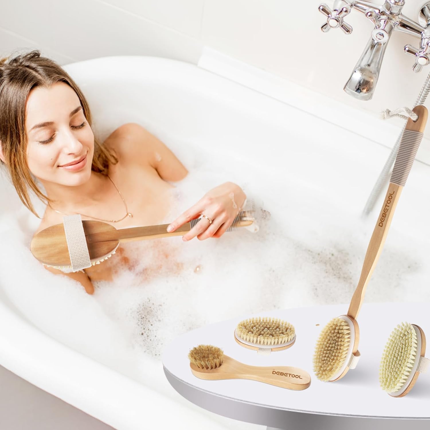 Dry Brushing Set - Natural Boar Bristle Body & Face Brush, Wooden Long Handle Scrub Brush for Cellulite & Lymphatic Drainage, Detachable, 3 Brush Heads Gift Silicone