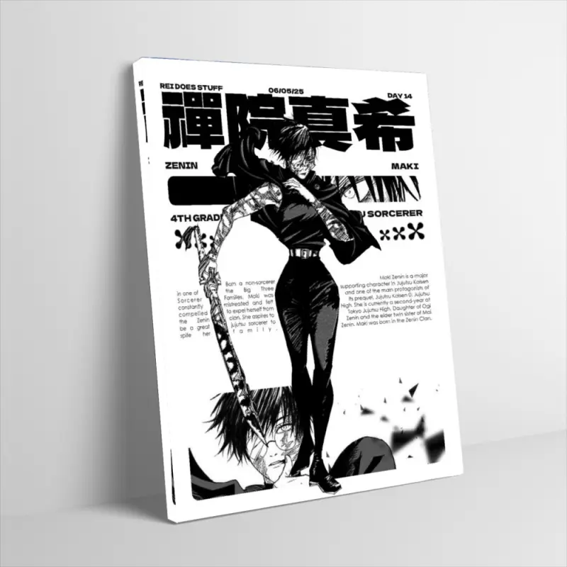 Maki Zenin Poster Canvas Wall Art Jujutsu Kaisen Grungy Newspaper Style Japanese Manga Character Art Print Aesthetic Dark Anime Wall Decor for Girls Room Gaming Room Otaku Den Teen Bedroom Unframed