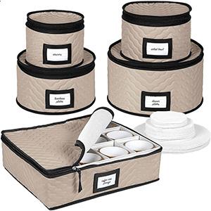 China Storage Containers 5-Piece Set Moving Boxes for Dinnerware, Glasses, Plates, Mugs and Saucers Sturdy Quilted Microfiber Dish Organizer with Dividers for Seasonal Storage - Holds Set of 12, Brown : Home & Kitchen