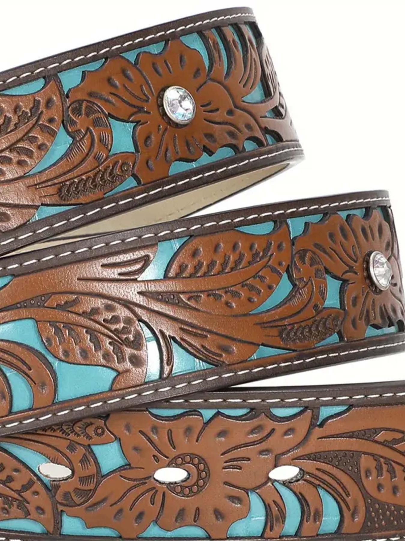 Boho Style Leaf Embossed Vintage Western Cowboy Cowgirl Belt, 2024 New Style Fashionable Adjustable Pu Buckle Belt for Women, Casual Brown Cowgirl Waistband for Jeans Trousers Western Belts