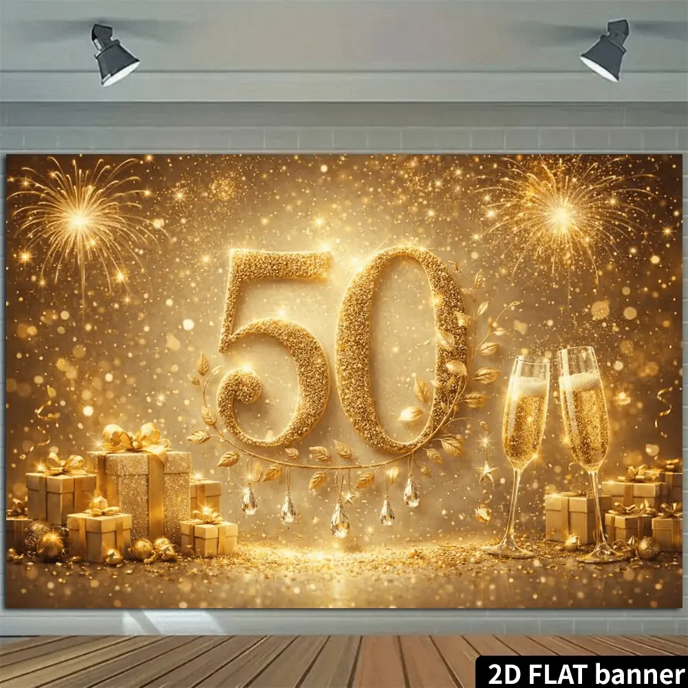 2D Flat 50Th Anniversary Luxury Backdrop, Shimmering Golden "127.0cm in Center, Accented with Hanging Crystal Pendant, Golden Branches, And Sparkling Fireworks, Stacked Gift Boxes And Champagne Glasses on Either Side