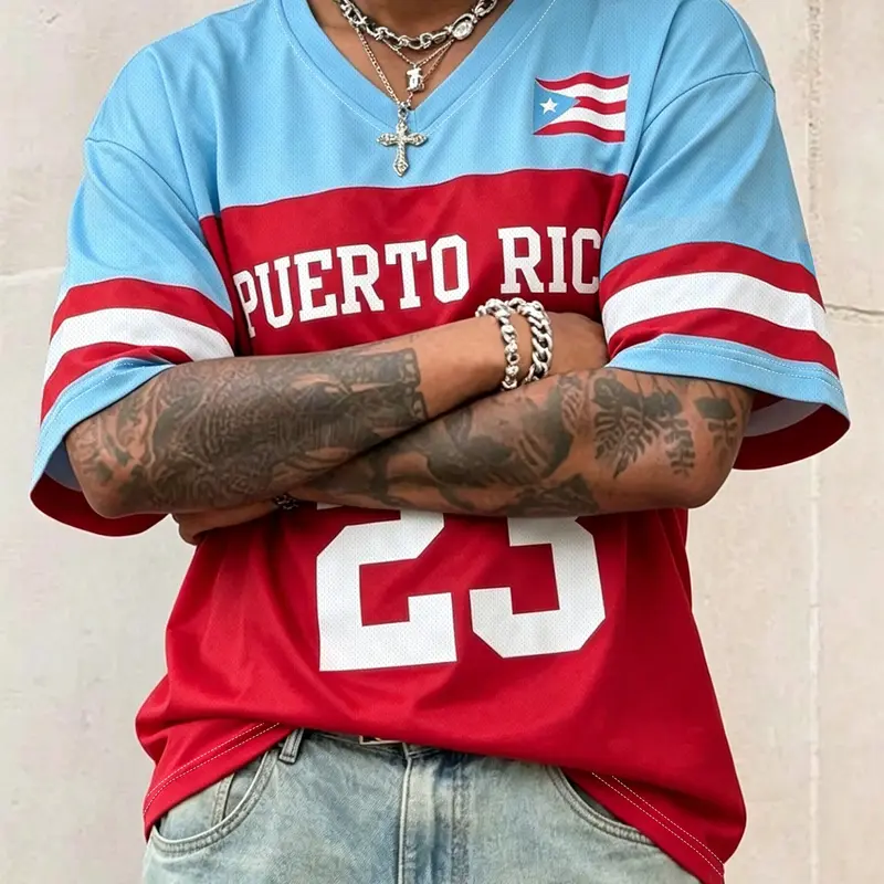 Men's Vintage Puerto Rico Flag Print Breathable Mesh Short Sleeve Top Casual Sports Tops For Street Style And Sports Occasions