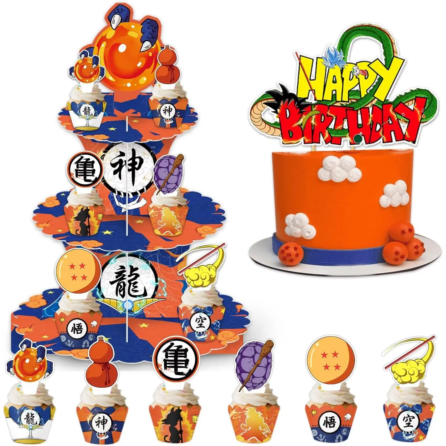 26Pcs Anime Theme Dragon Birthday Decorations Cartoon Ball Birthday 3-Tier Cupcake Stand, Toppers Wrappers and 1 Cake Topper Orange Blue Anime Baby Shower Decorations