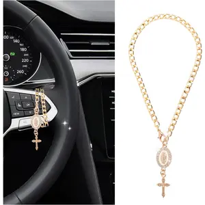 for  Steering Wheel Rosary Charm,  for  Mirror  Accessories as Decoration,Stylish Crosses  Charms for Steering Wheel Christian  Accessories (Yellow)
