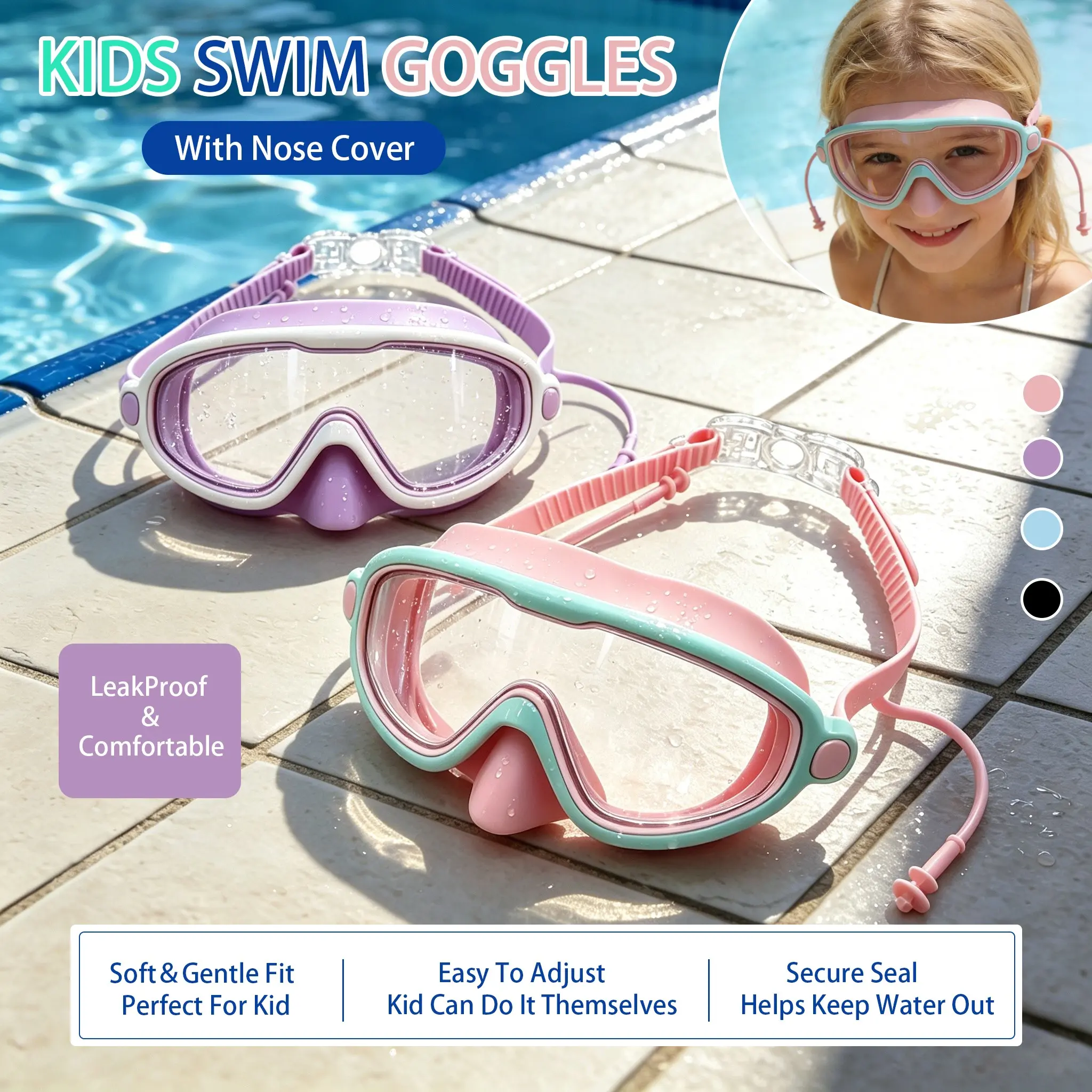 Adjustable Swim Goggles Mask 2 Pcs with Nose Cover for Ages 3-14+ Kids,Youth,UV Sun Protection,Anti-Fog,Wide View,Anti-Shattered Lens for Boys and Girls-Outdoor,Beach use,Lake,Summer Party,Pool Party，Adjustable Swim Swimming Goggles