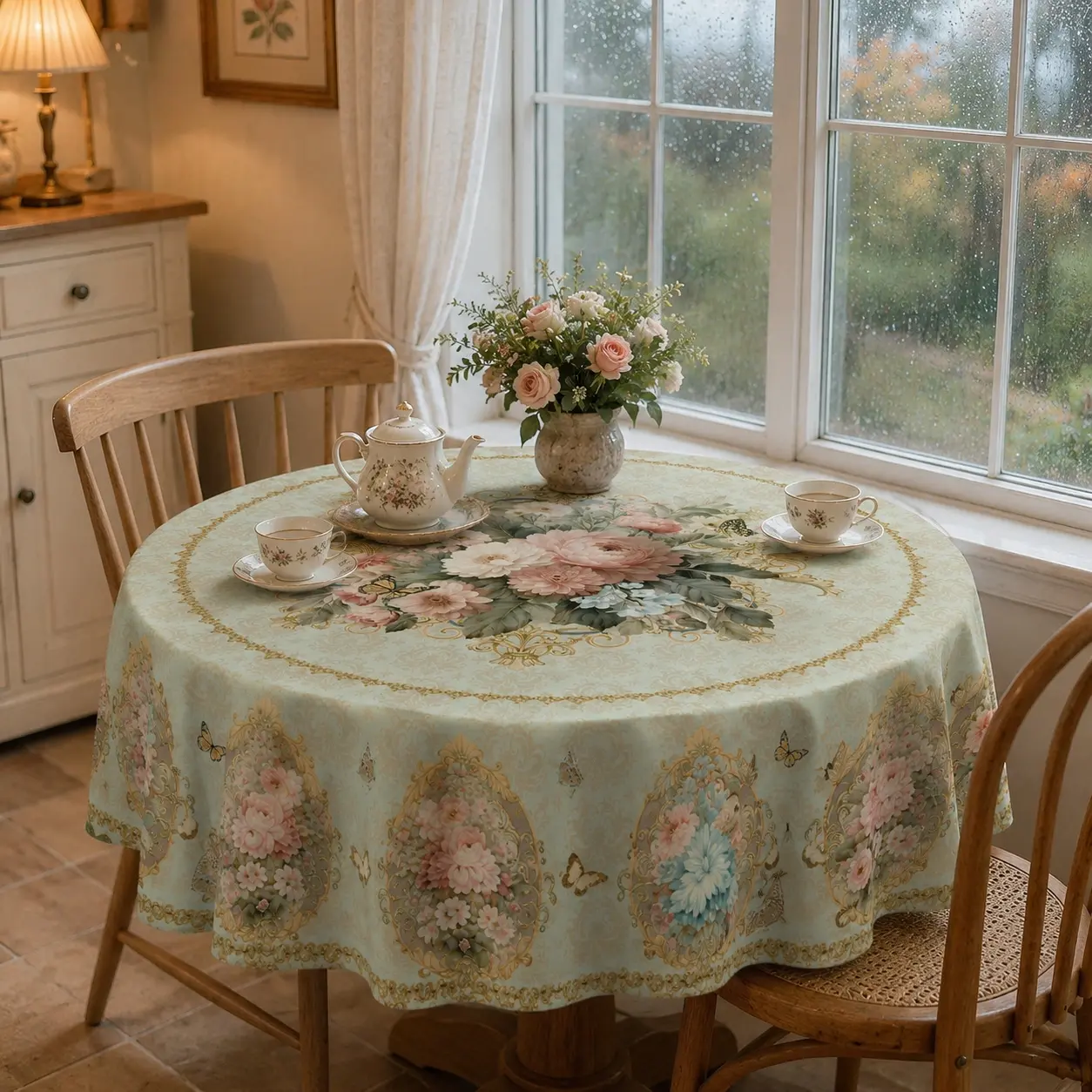 Glam Decorative Polyester Rectangle Tablecloth, French Floral-Butterfly Print Victorian Garden Green Cover for Spring-Summer Dining, Indoor-Outdoor Party Home Decor
