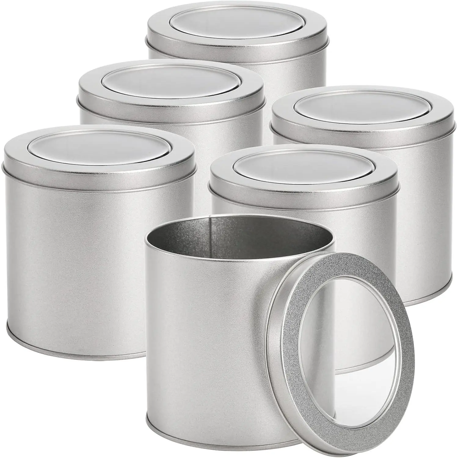 6 Pack Round Metal Tins Canister with Window Top Lid, 17 Oz Tin Can Box, Large Kitchen Tin Container for Loose , Coffee, Candy, Spices -
