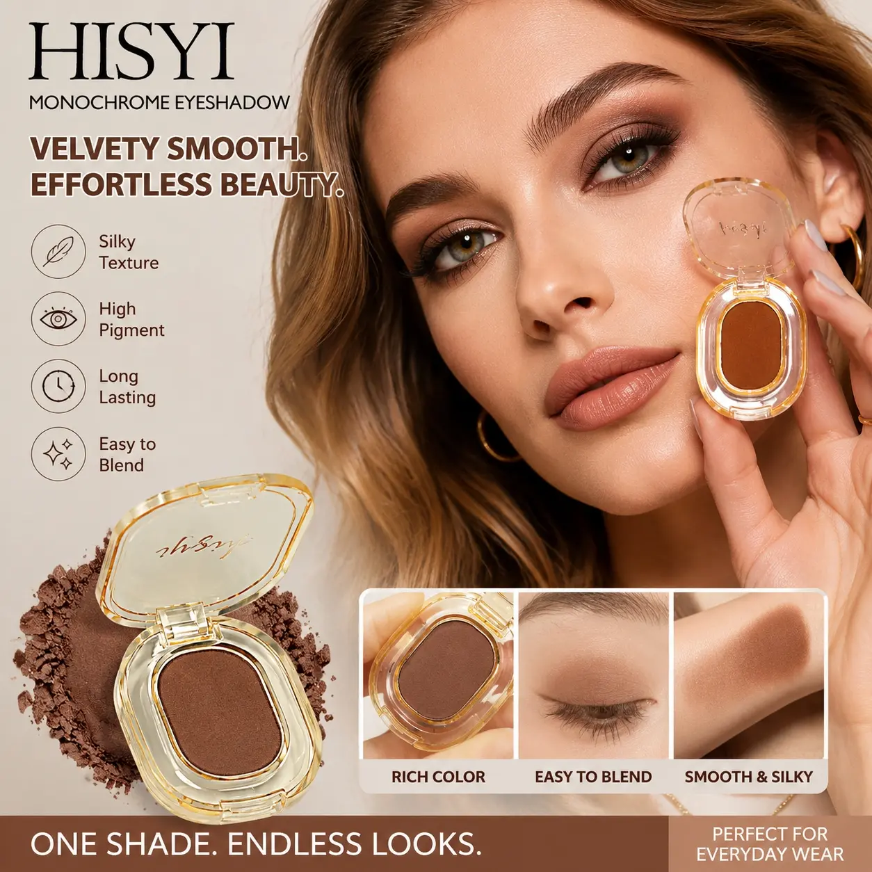 HISYI Single Monochrome Matte Brown Eyeshadow, Versatile Multi-use Neutral Deep Taupe Brown Shade, Ultra-fine silky powder with low fallout, sheer transparent buildable pigment to craft delicate daily soft eye makeup, deep smoky lids, defined eyeliner