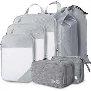 Compression Packing Cubes, 7 Set Packing Cubes for Travel Compression, Lightweight Compressible Package Organizer for Carry  and Suitcases, Light Grey